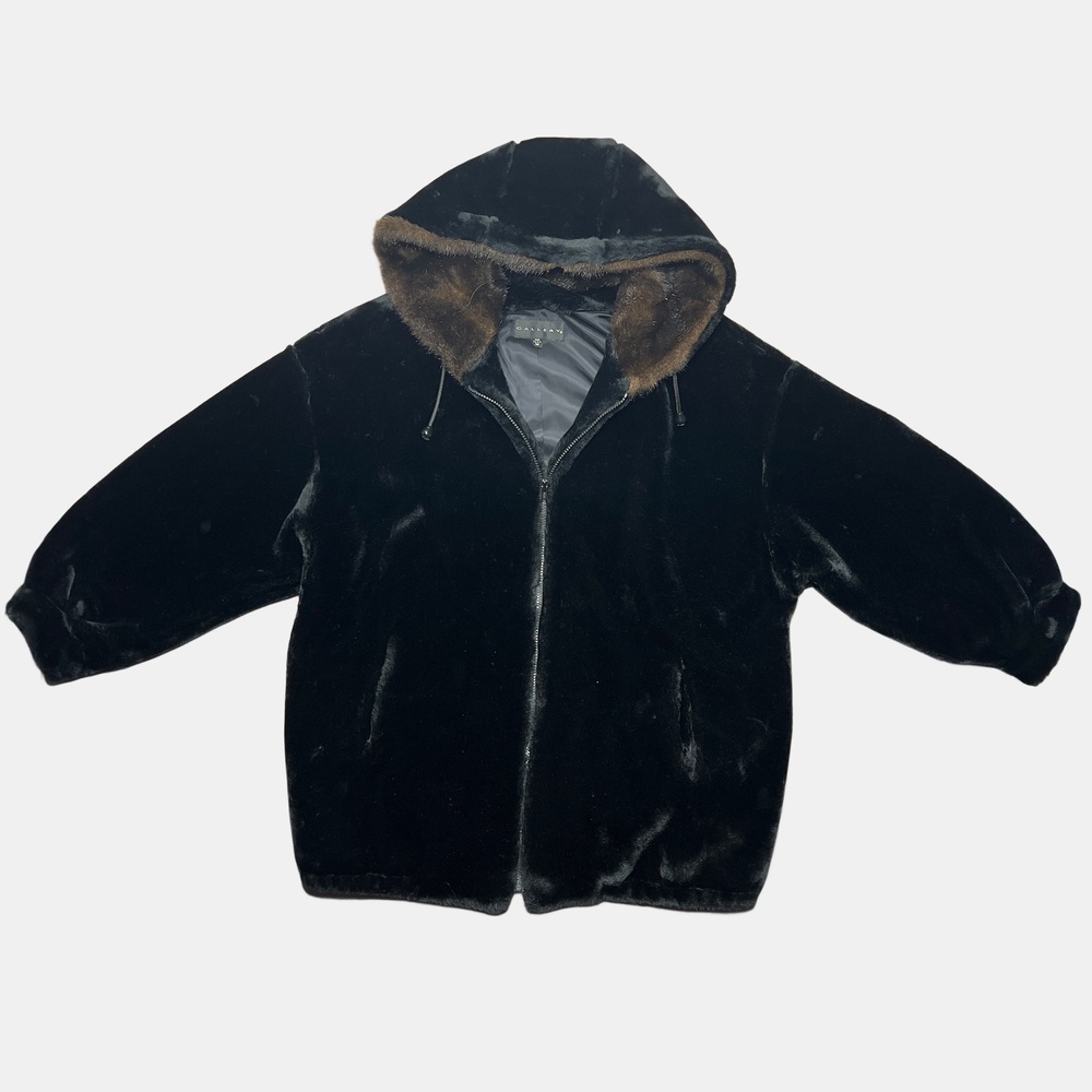 Gallery Coat Womens Medium Black Hooded Faux Fur Velvet Parka Full Zip USA